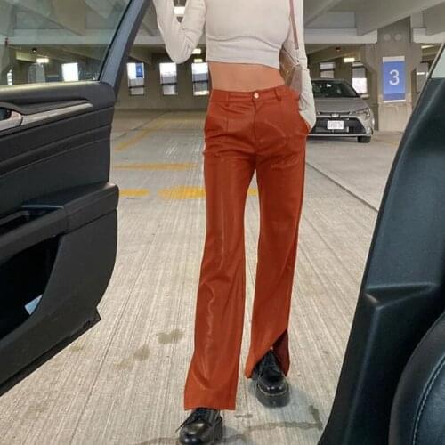 High Waisted PU Leather Pants Women Jogger Casual Fashion Side Pockets Straight Wide Leg Pants Loose Vintage Brown Trousers 2021