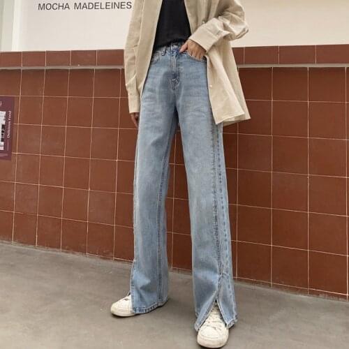Split Denim Jeans Pants Women High Waist Blue Vintage Straight Mom Jeans High Waist Trousers Pantalones De Mesclilla Para Mujer