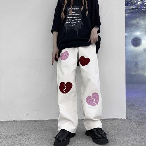 New Summer Womens Jeans High Street Loose Retro Printing Love Denim High Waist Wide Leg Casual Pants For Men And Women
