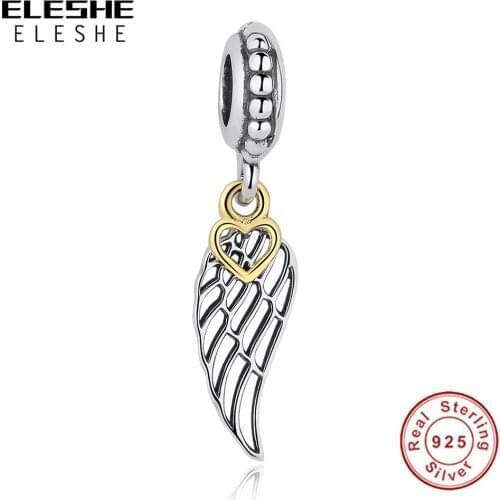 ELESHE Christmas 925 Sterling Silver Angel Wing Dangle Charms Fit Original Bracelet European Feather Bead Silver 925 DIY Jewelry