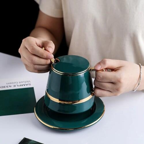 European Luxury Ceramics Coffee Cup Set With Lid Coffee Spoon Gift Box Suit Mugs Milk Tea Emerald Green Drinkware 450ml Gift Box