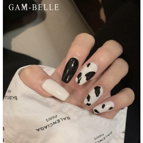 GAM-BELLE Black White Cow Pattern Artificial False Nails Ballerina Full Cover Fake Press On Nails With Glue DIY Manicure Tool
