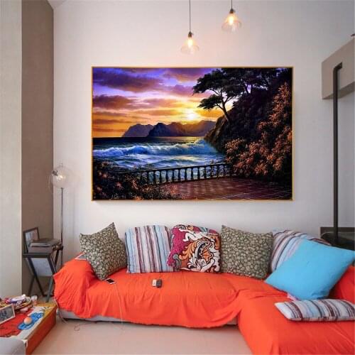 Sea Beach Sunset Painting Clouds Wall Pictures for Living Room Beauty Posters and Prints Ocean Wave Nature Landscape Painting