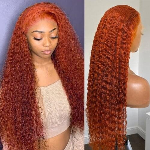 Luvin Hair 28Inch Ginger Orange Wig Loose Deep Wave T Part Lace Front Human Hair Wig Colored Curly Lace Frontal wigs For Women