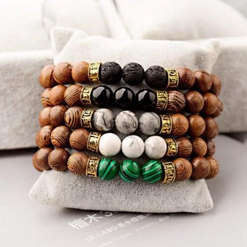 Fashion Men Wood Beads Bracelets Homme Onyx Lava Meditation Prayer Bracelet 2019 Ethnic Women 10MM Natural Stone Yoga Jewelry