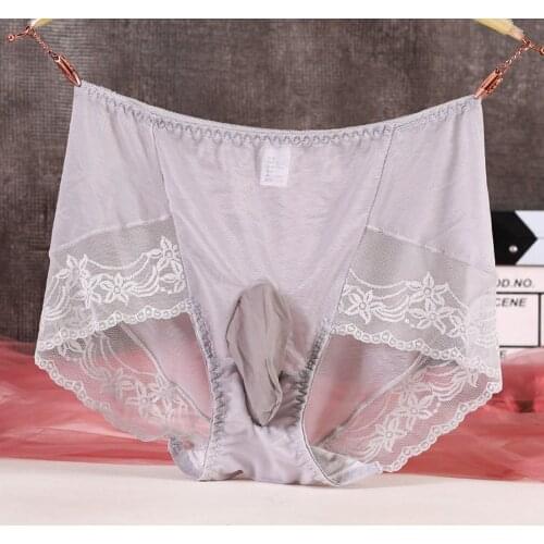 Penis Pouch Underwear Men Lace See-through Briefs Male Breathable Print Underpants Gay Large Size Oily Penis Pouch Panties A50