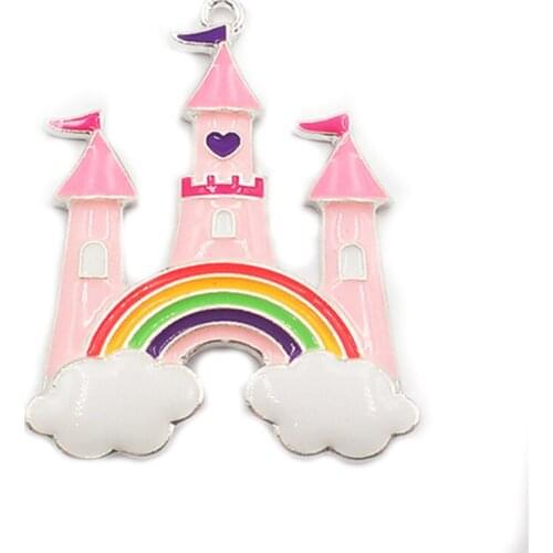 50*42mm pink enamel Princess castle pendant with rainbow fairy tale Building pendant necklace