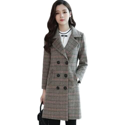Autumn Winter Elegant Plaid Women Fashion Woolen Coats Ladies Casual Double Breasted Coats Mid Length Female Warm Outwear L- 5XL