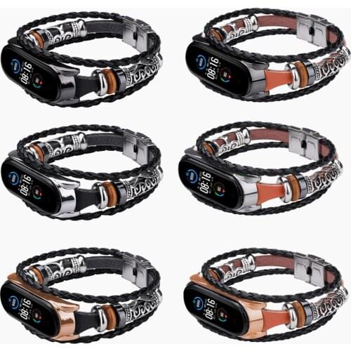 Mi Band 6 5 Strap Fashion Leather Beading Bracelet For Xiaomi Mi Band 4 3 Vintage Weave Wrist Strap Replacement Mi5 Correa Retro