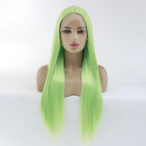 Lace Front Wig Heat Resistant Fiber Light Green Color 26 Inches Long Straight Glueless Synthetic Lace Cosplay Wigs for Women