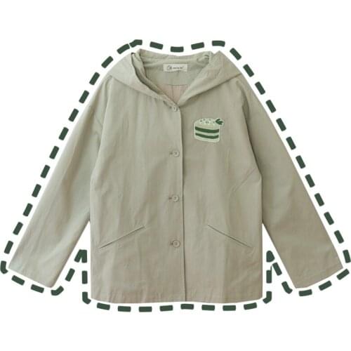 Cake Embroidery Womens Jacket Comfortable Hooded Trench Long Sleeve Coat Outwear Preppy Style Pink Green