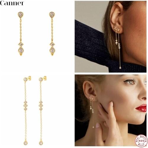 925 Sterling Silver Stud Earrings Round Crystal AAAAA Zircon Long Line Chain Earrings For Women Fine Jewelry Piercing Aretes W4