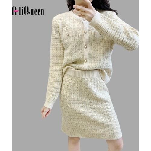 Autumn Knitted 2 Piece Set Women Black Plaid Cropped Cardigan Top + Mini Bodycon Skirt Set Winter Suit Matching Sweater Sets