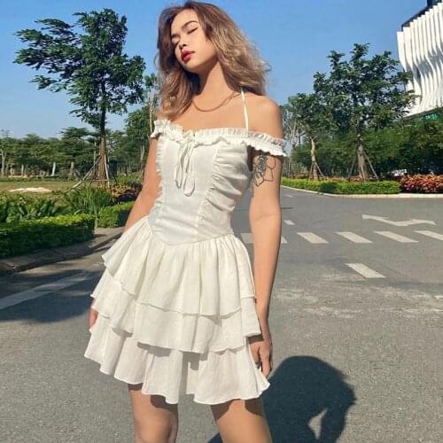 Women Halter Mini Dress Sexy Princess Lolita Style cupcake dress slash collar off shoulder white and black y2k bow lace up dress