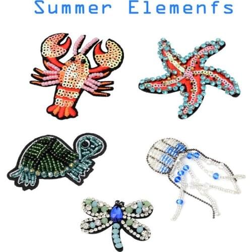 10PCS Marine life Rhinestone Beaded Patches DIY Handmade Clothes Embroidery Crystal Applique Sew on Patch Apparel Sewing &Fabric