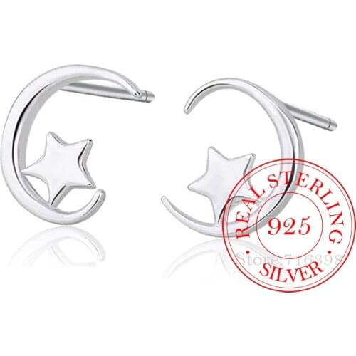 925 Sterling Silver Piercing Star Moon Stud Earrings for Women Girls Wedding Party Gift Femme Jewelry brincos pendientes