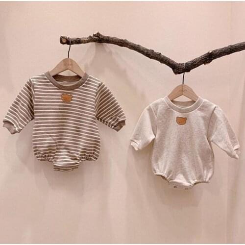 Newborn Baby Clothes Bear Print Boys Bodysuit Toddler Girls Long Sleeve Striped Jumpsuit Cotton Baby Autumn Clothing