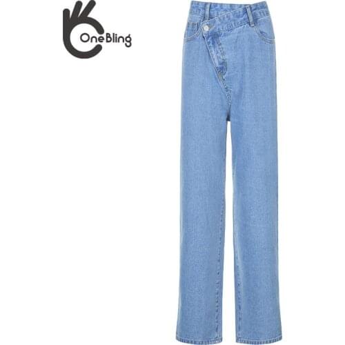 OneBling Irregular High Waist Denim Pants Spring Autumn Washed Blue Casual High Waist Split Hem Straight Pants Women Jeans 2021