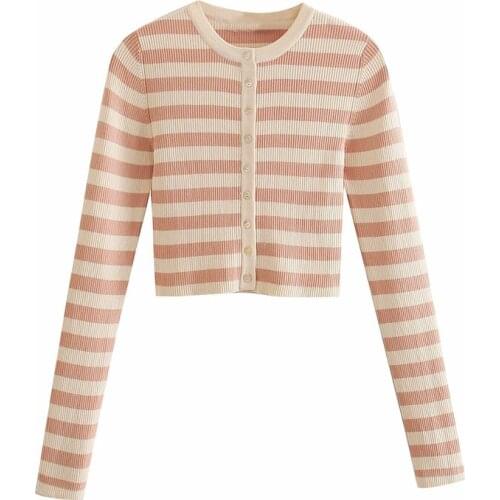 Evfer Women Fashion Za Striped Knitted Cardigans Outwear New Spring Chic Lady Single Breasted Long Sleeve High Elastic Sweaters