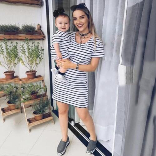 European Mother Daughter Dress Fashion Parent-Child Spring Autumn Girl Kids Women Short-Sleeve Thin Stripe Princess Dress White