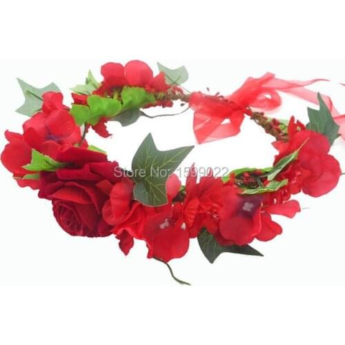 Hot Red Imitation Rose Hydrangea Flowers Crown Garden Wedding Headwear Bride Headpiece Greenery Handmade Retro Hair Accessories