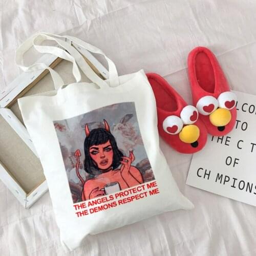 Harajuku Devil Canvas bag Letter Spoof Print Casual Loose Fun Vintage Large Capacity Punk Japanese Gothic Women Shoulder Bags