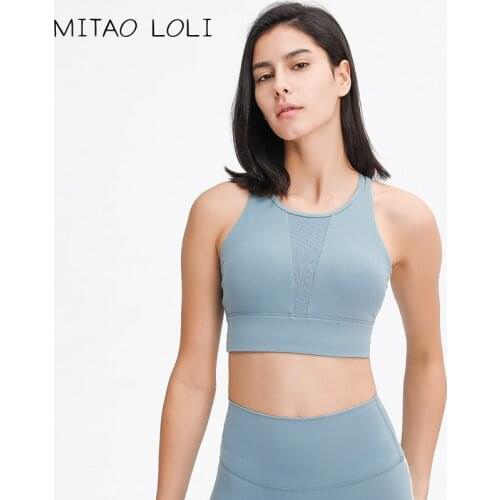 MITAO LOLI High Neck Naked Feel Yoga Fitness Bras Women Mesh Patchwork Padded Workout Sports Bras Top Push Up Athletic Brassiere