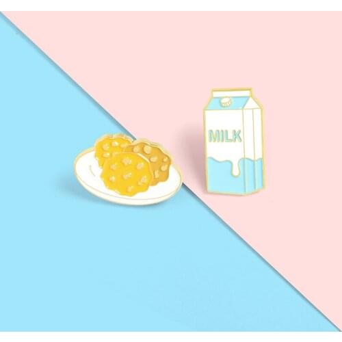 Cartoon Fun Breakfast Set Biscuit Milk Enamel Brooch Cute Alloy Pins Sweet Couple Badge Clothes Accessories Woman Jewelry Gift