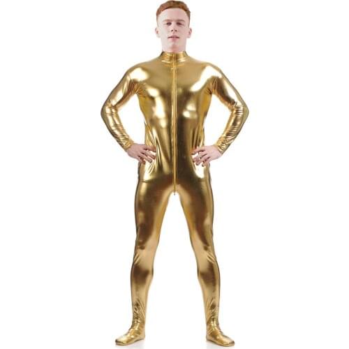 Ensnovo Men Nylon Spandex Suit Black Shiny Metallic Tights Headless Zentai Suit Full Body Unitard Custom Skin Bodysuit