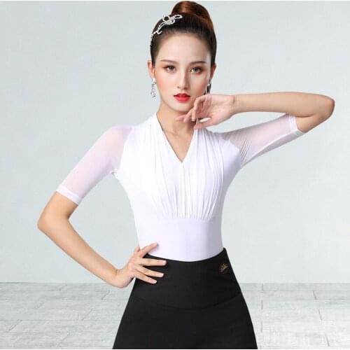 2020 New Latin Dance Tops Adult Ladies Sexy V-Neck Mesh Short Sleeve Practice Clothes Cha Cha Rumba Samba Dancing Shirt DL6330