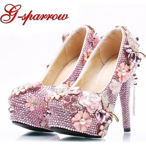 2018 Wholesale Price Pink Rhinestone Wedding Shoes Bridal High Heels Platforms Girl Prom Party Pumps Plus Size Women Pumps