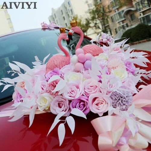 Original Crown Flamingo Heart-shaped Wedding Car Decoration Set Pink System Simulation Rose Marriage Birthday Party Decoration
