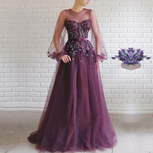 Eightale Dubai Arabic Evening Dresses 2020 O-Neck Appliques Belt A-Line Long Sleeves Prom Gown Tulle Purple Formal Party Dress