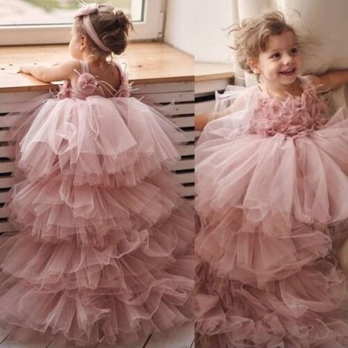 Blush Pink Girls Pageant Dresses Ruffles Feather Flower Girl Dress For Weddings Children High Low Princess Birthday Ball Gowns