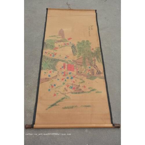 Rare Hand-painted QingDyansty Chinese vertical axis paintings,Children gather to do the game, free shipping