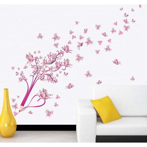 Pink Blossom Pencil Wall Stickers PVC Flower Butterfly Art Decal Wall Murals Removable DIY Living Room Background Home Decor