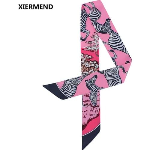 2018 Silk female zebra print simulation silk scarf sunscreen variety magic tie bag handle ribbon female head skinny scarves