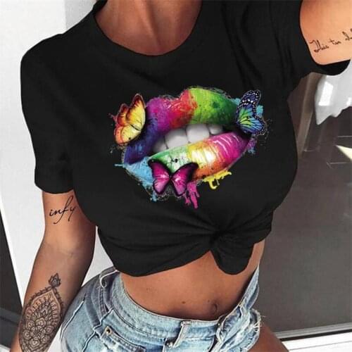Butterfly Rainbow Lips Graphic T Shirt Hot Sales Harajuku Women Cartoon T-shirt Fashion Tshirt Black Tops Tee Female Clothes