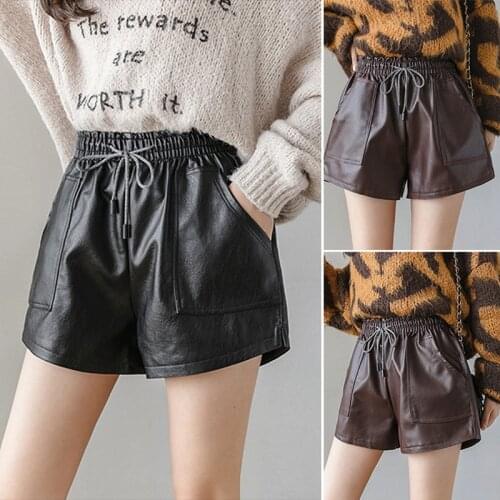 Womens Leather Pants Loose Wide Leg Pants All-Match Drawstring Elastic Waist Casual Pants