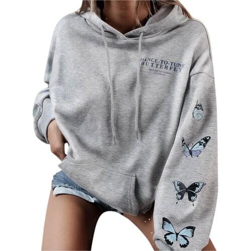 2021 Harajuku Butterfly Printed Sweatshirts Women Oversized Tops Winter Thicken Long Sleeve Sweater Fleece With Pocket Sudaderas