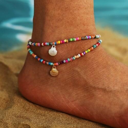 Bohemian Multicolor Beaded Anklet for Women Accessories Creative Vintage Alloy Scallop Pendant Anklet Statement Jewelry Ornament