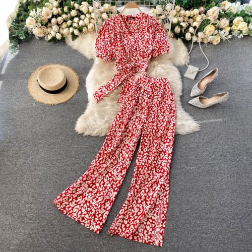 SINGREINY Women Summer Boho Floral Holiday Set V Neck Puff Sleeve Short Tops+High Waist Sexy Split Wide Leg Pants Two Pieces Set