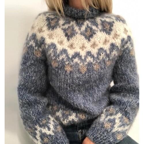 Women Turtleneck Knitted Sweater Jacquard Weave Long Sleeve Jumper Warm Pullover