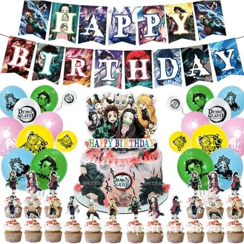 1set Demon Slayer Balloons Kimetsu no Yaiba Theme Birthday Party Decoration Japanese Anime Banner Cake Topper Boy Kids Favorite