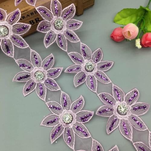 1 yard 6.8cm Purple 3D Flower Gold Glitter Rhinestones Embroidered Lace Trim Applique Ribbon Fabric Sewing Craft Wedding Dress