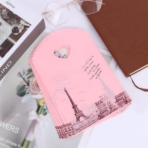 50pcs/lot Cute Pink Paris Tower Packaging Bags Plastic Shopping Bags Mini Handbag Wedding Party Favor Gift Bags