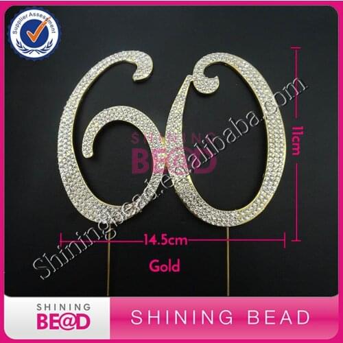 Free shipping,Gold number 60 birthday party rhinestone cake topper decor,anniversary number 60 cake topper,10pieces/lot