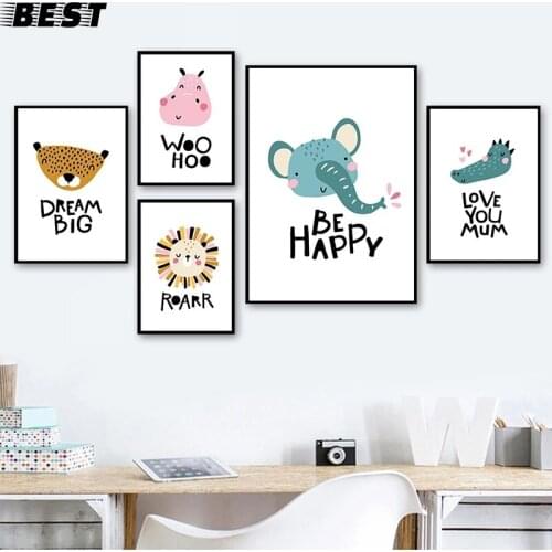 Baby Nursery Wall Art Canvas Poster Print Animal Hippo Lion Elephant Nordic Kid Decoration Picture Painting Child Room Decor