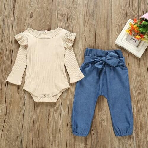 TELOTUNY Clothing sets 2021 New Newborn Kids Baby Girls Outfits Solid Long Sleeve Ruffles Romper Bodysuit+Denim Pants Jeans Set