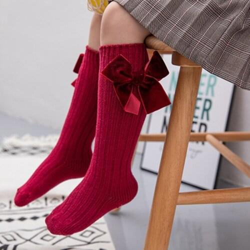 Kids Baby Girls Chunky Ribbed Knit Knee High Socks Solid Color Cute Velvet Bowknot Princess Cotton Warm Long Stockings 0-7 Yars